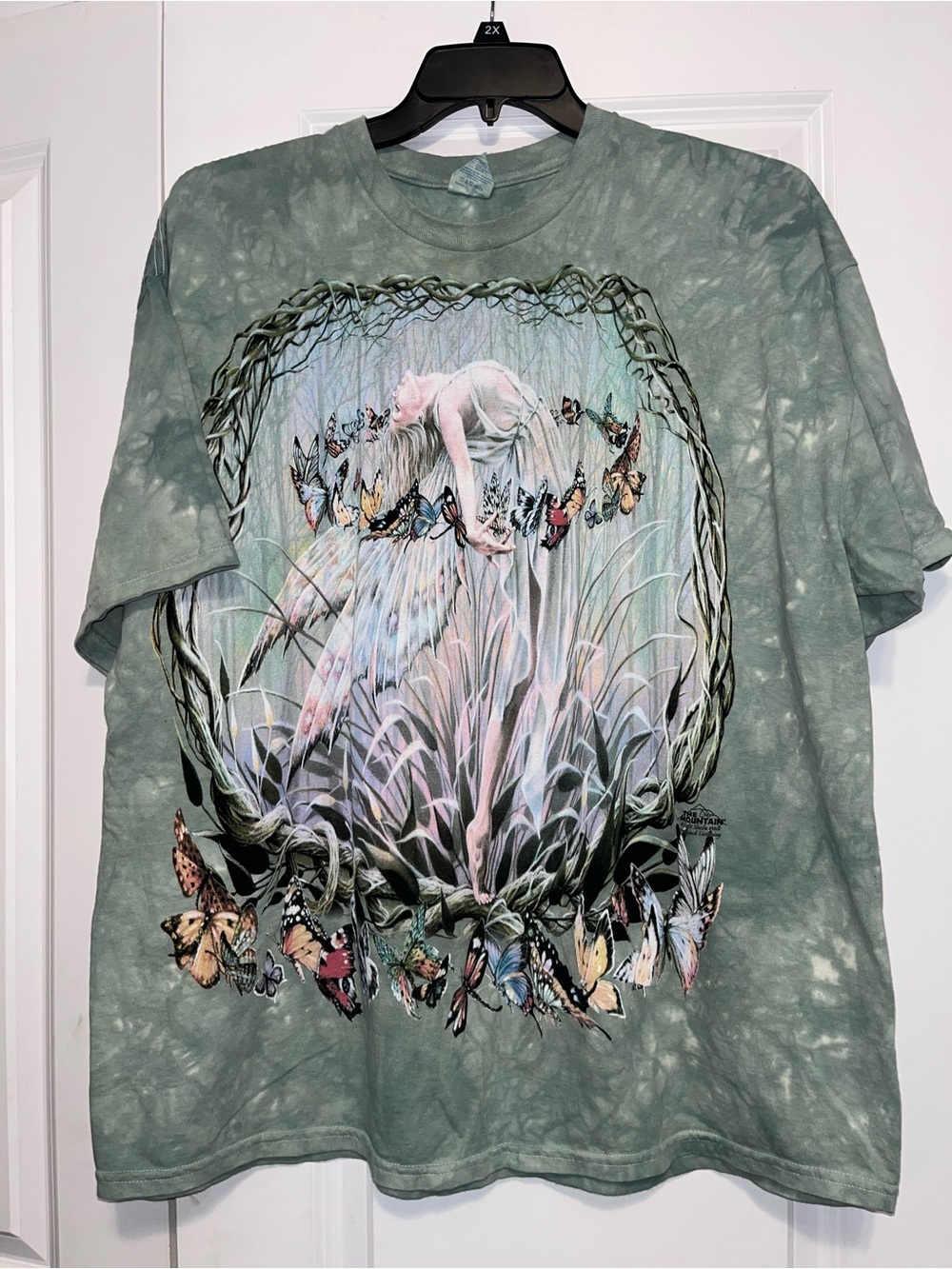 Gildan Sage Green Tie-Dye Short Sleeve Tee with Fairy & Butterfly Graphic